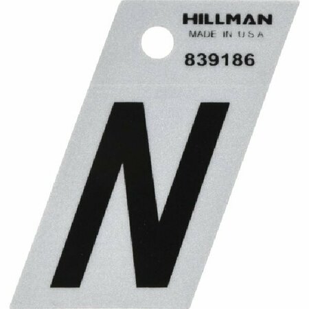 HILLMAN Angle-Cut Letter, Character: N, 1-1/2 in H Character, Black Character, Silver Background, Mylar 839186